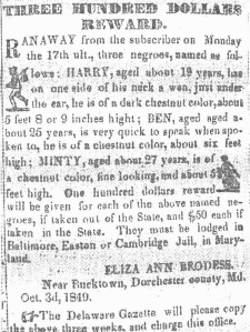 Notice published in the Cambridge Democrat (1849), offering a reward for the return of Harriet Tubman and her two brothers